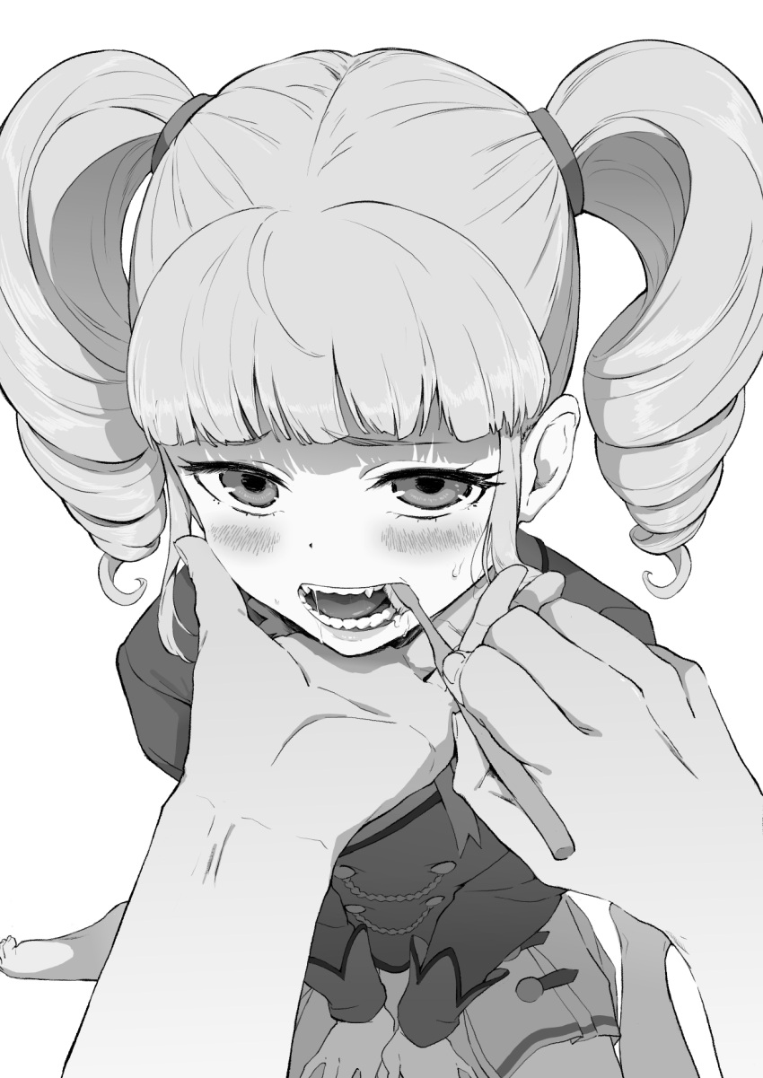 1girl 1other aikatsu! aikatsu!_(series) barefoot blush brushing_another's_hair buttons double-breasted drill_hair fangs greyscale highres jacket long_sleeves looking_at_viewer medium_hair monochrome osame pov pov_hands saliva simple_background sitting solo_focus toothbrush toudou_yurika twin_drills upturned_eyes v_arms wariza white_background