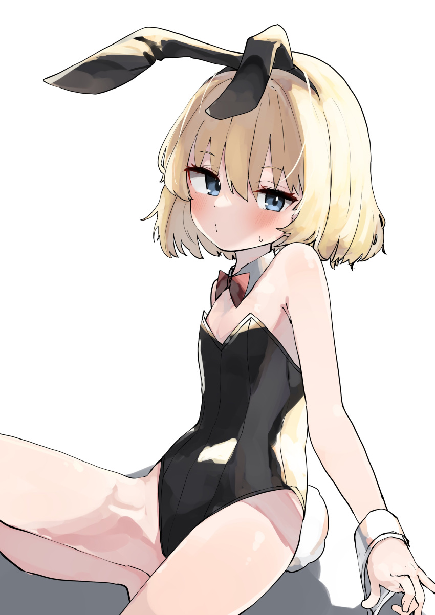 1girl absurdres animal_ears bare_legs black_leotard blonde_hair bow bowtie breasts detached_collar gingerbullet girls_und_panzer green_eyes highres katyusha_(girls_und_panzer) leotard looking_at_viewer playboy_bunny rabbit_ears rabbit_tail red_neckwear short_hair simple_background sitting small_breasts solo strapless strapless_leotard tail white_background wrist_cuffs