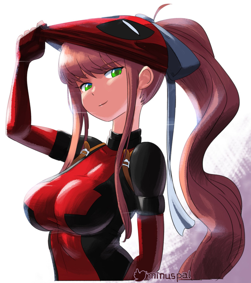 1girl bodysuit breasts brown_hair cosplay crossover deadpool deadpool_(cosplay) doki_doki_literature_club green_eyes highres latex latex_bodysuit looking_at_viewer marvel mask mask_lift mask_on_head mask_pull medium_breasts minus8 monika_(doki_doki_literature_club) ponytail removing_mask ribbon smile smirk solo tight white_ribbon