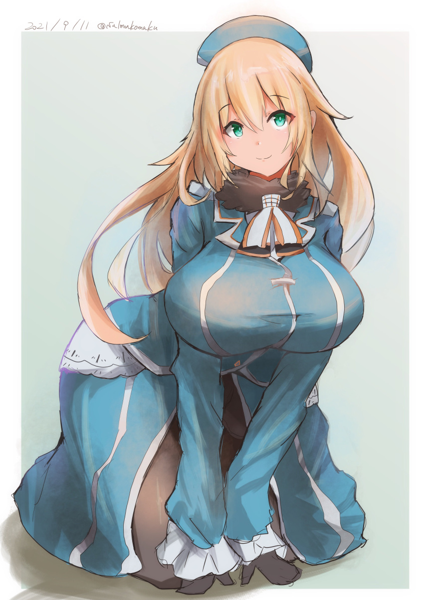 1girl absurdres all_fours ascot atago_(kancolle) beret black_gloves blonde_hair blue_headwear border breasts commentary_request gloves grey_background hat highres kantai_collection large_breasts long_hair looking_at_viewer military military_uniform pantyhose saamon_(salmonkomaku) simple_background smile solo two-tone_background uniform white_border white_legwear
