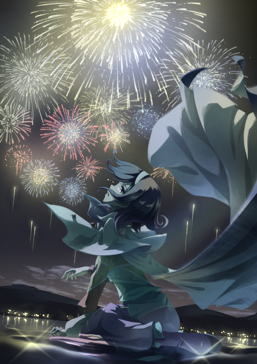 1girl absurdres cape crying crying_with_eyes_open fireworks floating_cape highres looking_up mountainous_horizon multicolored multicolored_clothes night night_sky on_floor open_mouth otomeza_ryuseigun short_hair sitting sky solo tears tenkyuu_chimata touhou