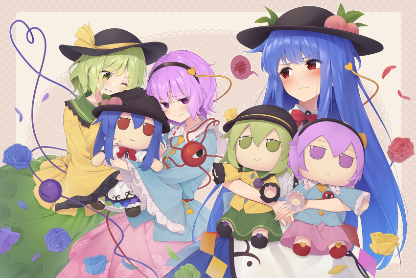 3girls blue_flower blue_hair blue_rose doll eyebrows_visible_through_hair floral_print flower food-themed_hair_ornament frilled_shirt_collar frills fumo_(doll) green_eyes green_hair hair_between_eyes hair_ornament hat hat_ribbon heart heart_of_string highres hinanawi_tenshi holding holding_doll kanpa_(campagne_9) komeiji_koishi komeiji_satori long_hair long_sleeves looking_back multiple_girls one_eye_closed peach_hair_ornament petals pink_hair puffy_short_sleeves puffy_sleeves purple_eyes red_eyes ribbon rose rose_petals rose_print short_hair short_sleeves siblings sisters smile spoken_blush third_eye touhou wide_sleeves yellow_flower yellow_rose