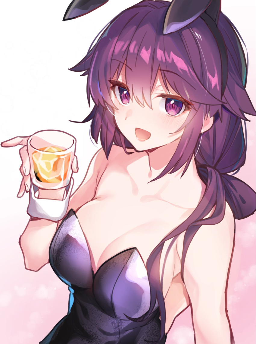 1girl alternate_costume animal_ears bare_shoulders breasts cleavage collarbone cup drinking_glass eyebrows_visible_through_hair fake_animal_ears highres holding holding_cup ice ice_cube liquor long_hair looking_at_viewer machikado_mazoku narumiya_(empty_cafe) open_mouth playboy_bunny purple_eyes purple_hair rabbit_ears simple_background smile solo upper_body wrist_cuffs yoshida_ryouko