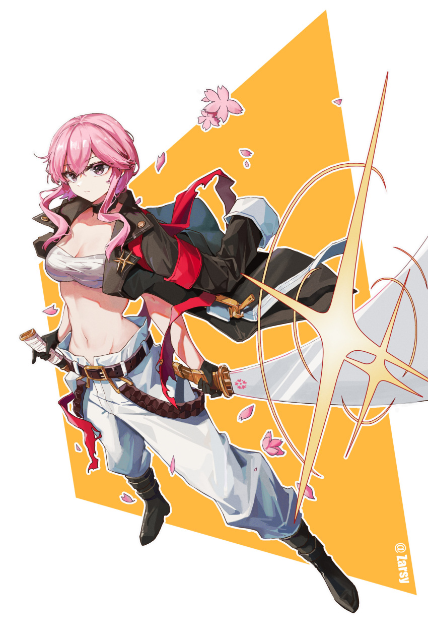 1girl absurdres alchemy_stars bandages bandeau bangs belt black_belt black_choker black_footwear black_gloves black_jacket boots breasts chinese_commentary choker cleavage commentary_request eyebrows_visible_through_hair full_body gloves groin highres hiiro_(alchemy_stars) holding holding_sword holding_weapon jacket jacket_on_shoulders katana medium_breasts pants partial_commentary petals pink_eyes pink_hair sarashi short_hair_with_long_locks solo standing strapless sword tube_top weapon white_background white_pants zarsy