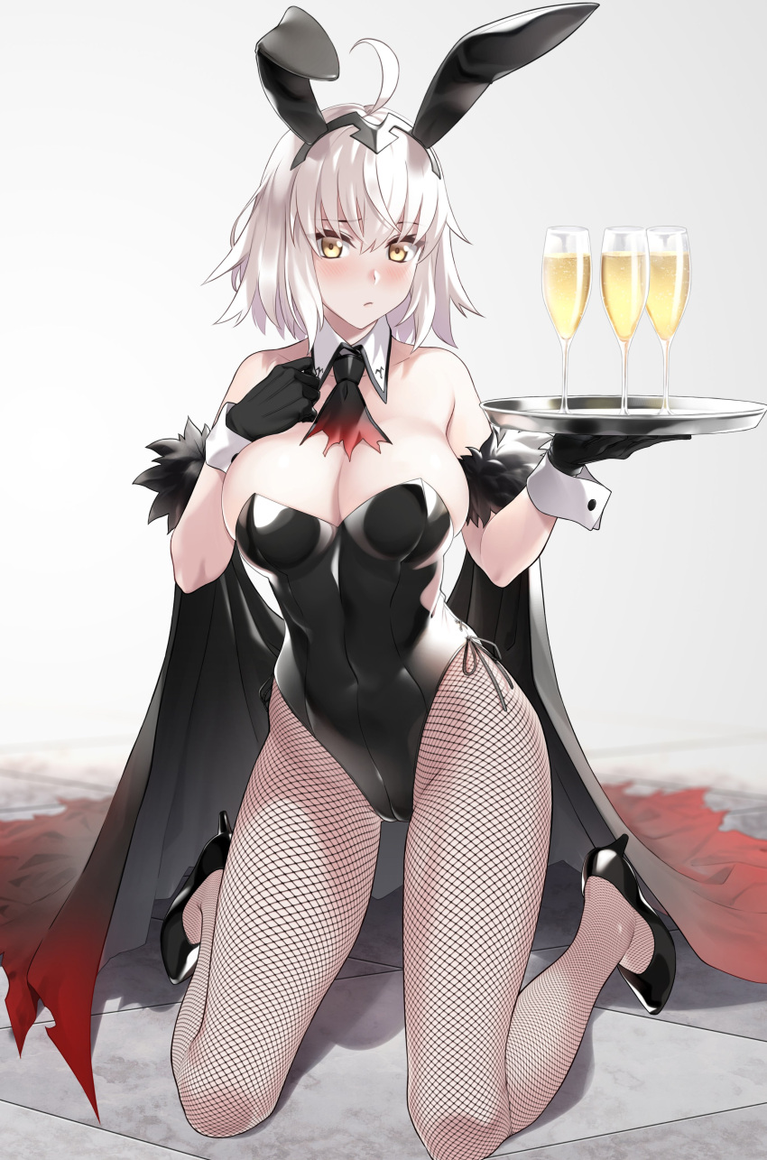 1girl absurdres ahoge alcohol animal_ears bangs bare_shoulders black_footwear black_gloves black_leotard blush bow breasts champagne cleavage closed_mouth covered_navel cup detached_collar drinking_glass fake_animal_ears fate/grand_order fate_(series) fishnet_legwear fishnets gloves high_heels highres holding jeanne_d'arc_(alter)_(fate) jeanne_d'arc_(fate)_(all) kneeling large_breasts leotard long_hair looking_at_viewer narrow_waist pantyhose playboy_bunny prime rabbit_ears side-tie_leotard silver_hair skindentation solo strapless strapless_leotard tray wrist_cuffs yellow_eyes