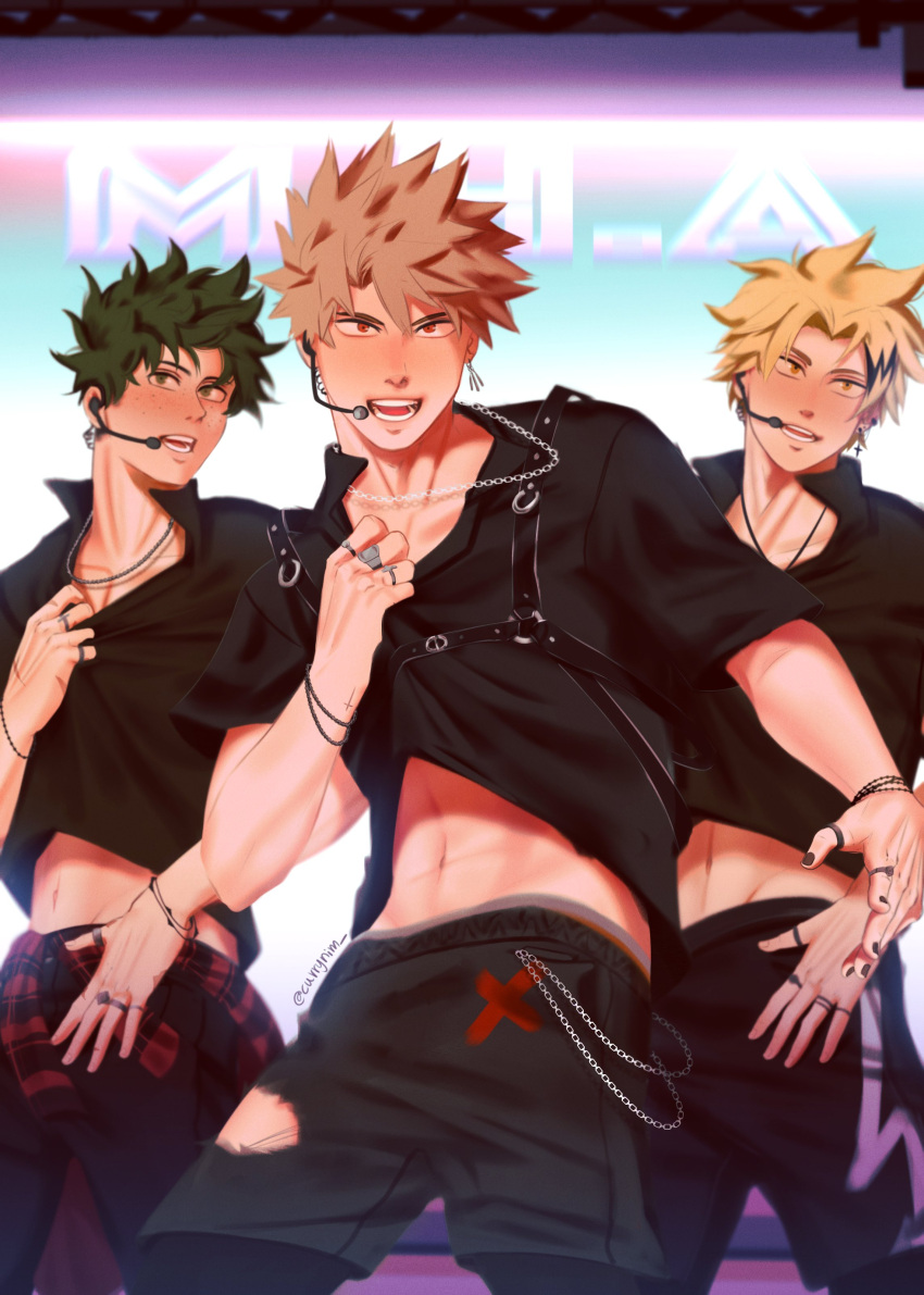 3boys abs absurdres bakugou_katsuki black_hair black_nails black_pants black_shirt black_shorts blonde_hair boku_no_hero_academia bracelet chain_necklace clothes_around_waist clothes_lift currynim earrings green_eyes green_hair headset highres idol jacket jacket_around_waist jewelry kaminari_denki looking_at_viewer male_focus microphone midoriya_izuku multicolored_hair multiple_boys multiple_rings nail_polish navel necklace open_mouth pants red_eyes red_jacket ring shirt shirt_lift short_hair shorts smile teeth toned toned_male torn_clothes torn_shorts two-tone_hair yellow_eyes