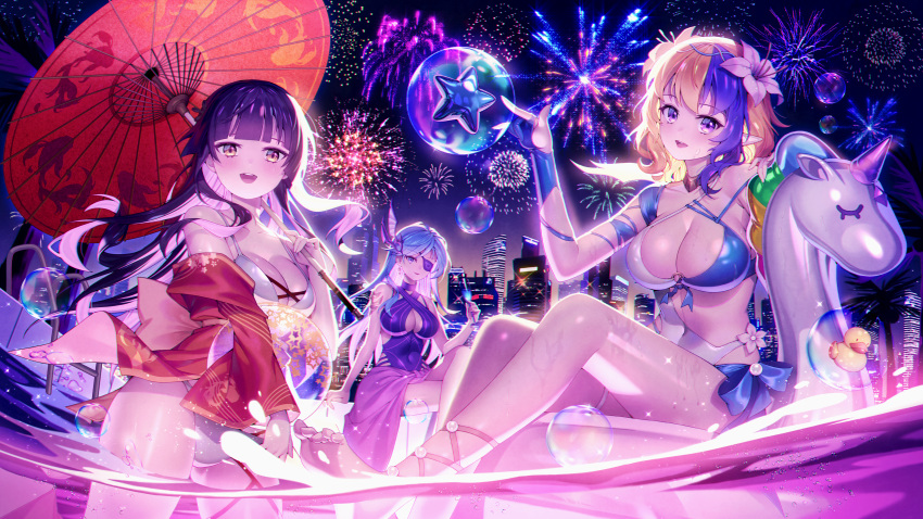 blonde_hair bubbles building city eyepatch fireworks japanese_clothes lemonpear long_hair pointed_ears purple_eyes purple_hair rubber_duck sky swimsuit tagme_(character) umbrella water yellow_eyes