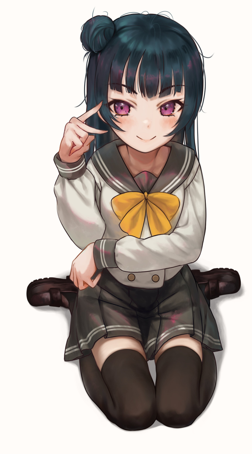 1girl absurdres black_hair black_legwear black_skirt closed_mouth eyebrows_visible_through_hair full_body hair_bun highres long_hair long_sleeves looking_at_viewer love_live! love_live!_sunshine!! purple_eyes school_uniform sitting skirt smile solo thighhighs torriet tsushima_yoshiko wariza