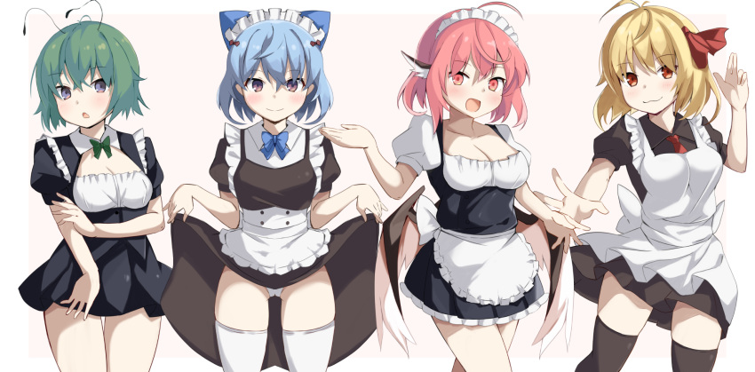 4girls :d alternate_costume animal_ears antennae apron bangs beige_background bird_ears bird_wings black_legwear blonde_hair blue_bow blue_hair blue_neckwear border bow bowtie breasts brown_eyes cirno cleavage closed_mouth clothes_lift commentary_request commission cowboy_shot eyebrows_visible_through_hair green_hair green_neckwear hair_bow hair_ribbon highres lifted_by_self looking_at_viewer maid maid_apron maid_headdress medium_breasts multiple_girls mystia_lorelei open_mouth panties pink_eyes pink_hair puffy_short_sleeves puffy_sleeves red_eyes red_neckwear red_ribbon ribbon rumia rurisakura short_hair short_sleeves simple_background skeb_commission small_breasts smile standing team_9 thighhighs touhou triangle_mouth underwear waist_apron white_apron white_border white_legwear white_panties wings wriggle_nightbug