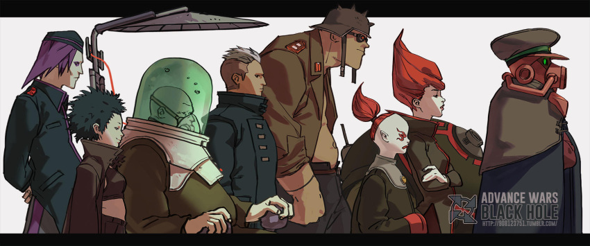 2girls 2others 5boys advance_wars advance_wars:_dual_strike afro antennae arms_behind_back bald breasts crossed_arms english_commentary fisher903 goggles hat hawke_(advance_wars) height_difference highres jugger_(advance_wars) kindle_(advance_wars) koal_(advance_wars) kong lash_(advance_wars) lipstick makeup mask medium_breasts medium_hair midriff military military_hat military_uniform multiple_boys multiple_girls multiple_others oxygen_mask ponytail profile purple_hair red_hair robot shadow short_hair simple_background sitting snake_(advance_wars) sturm_(advance_wars) tank_top uniform unzipped von_bolt_(advance_wars) watermark white_background white_hair