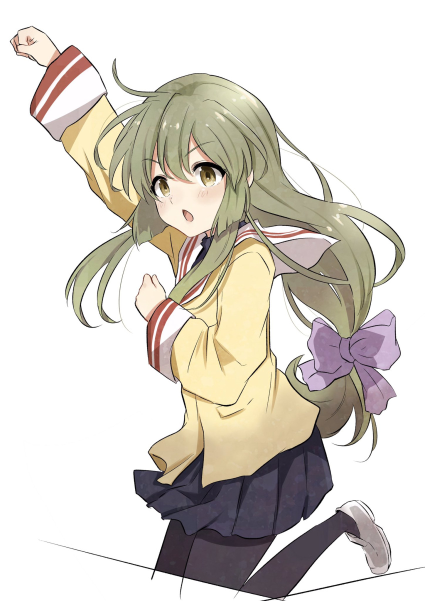 1girl bangs black_legwear blue_skirt blush bow clannad eyebrows_visible_through_hair green_hair hair_bow highres hikarizaka_private_high_school_uniform ibuki_fuuko long_hair long_sleeves open_mouth pantyhose pleated_skirt purple_bow sailor_collar school_uniform shirt shosudo sidelocks simple_background skirt solo white_background white_footwear white_sailor_collar yellow_shirt