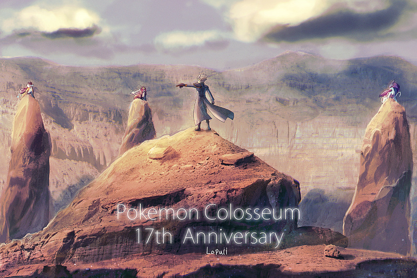 1boy blurry boots cloud coat commentary copyright_name day entei gloves grey_hair legendary_pokemon long_sleeves lopuii male_focus outdoors outstretched_arm pokemon pokemon_(creature) pokemon_(game) pokemon_colosseum raikou rock short_hair signature sky spiked_hair standing suicune visor wes_(pokemon)