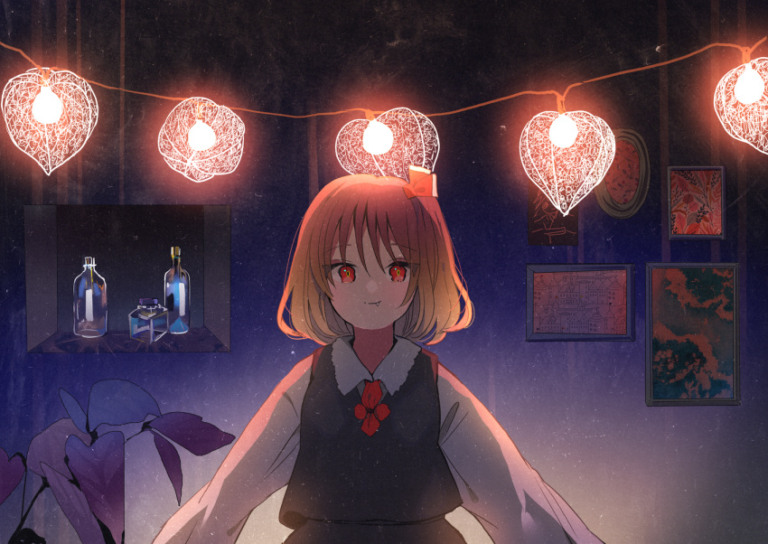 1girl black_skirt black_vest blonde_hair closed_mouth collared_shirt eyebrows_visible_through_hair fang hair_ribbon long_sleeves red_eyes red_neckwear red_ribbon ribbon rumia shirt short_hair skirt solo tamagogayu1998 touhou upper_body vest white_shirt