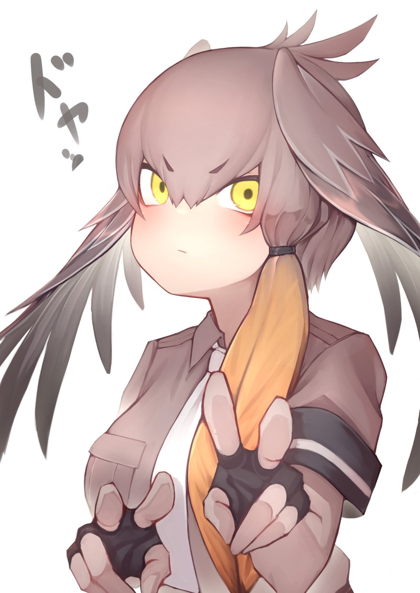 1girl akuma_(st.takuma) bird_girl bird_wings black_gloves blonde_hair collared_shirt double_v elbow_gloves eyebrows_visible_through_hair fingerless_gloves gloves grey_gloves grey_hair grey_shirt hair_tie head_wings highres kemono_friends looking_at_viewer multicolored_hair necktie shirt shoebill_(kemono_friends) short_hair short_hair_with_long_locks short_sleeves solo v white_neckwear wings yellow_eyes