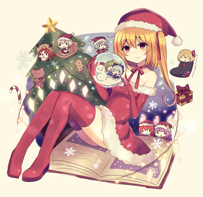 6+girls absurdres alternate_costume animal_costume antlers bat_wings blue_bow blue_hair book boots bow box candy candy_cane choker christmas christmas_ornaments christmas_tree cirno closed_eyes crescent crescent_pin daiyousei embodiment_of_scarlet_devil eyebrows_visible_through_hair flandre_scarlet food gift gift_box green_hair hair_between_eyes hat highres hong_meiling izayoi_sakuya knee_boots koakuma multiple_girls off-shoulder_shirt off_shoulder patchouli_knowledge purple_hair red_choker red_hair red_ribbon reindeer_antlers reindeer_costume remilia_scarlet ribbon rumia santa_costume santa_hat shirt siblings side_ponytail silver_hair sisters snow_globe snowflakes snowman socks stuffed_animal stuffed_toy subaru_(subachoco) teddy_bear touhou wings yellow_bow