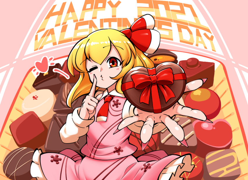 1girl 2021 alternate_costume ascot bangs blonde_hair blush bow candy chocolate closed_mouth collared_dress dress english_text eyebrows_visible_through_hair eyelashes finger_to_mouth fingernails food frilled_dress frills hair_bow happy_valentine heart heart-shaped_chocolate kashuu_(b-q) long_sleeves looking_at_viewer nail_polish o3o one_eye_closed outstretched_arm pink_dress pouty_lips red_bow red_eyes red_nails red_neckwear red_ribbon ribbon rumia sharp_fingernails solo standing touhou upper_body valentine wing_collar