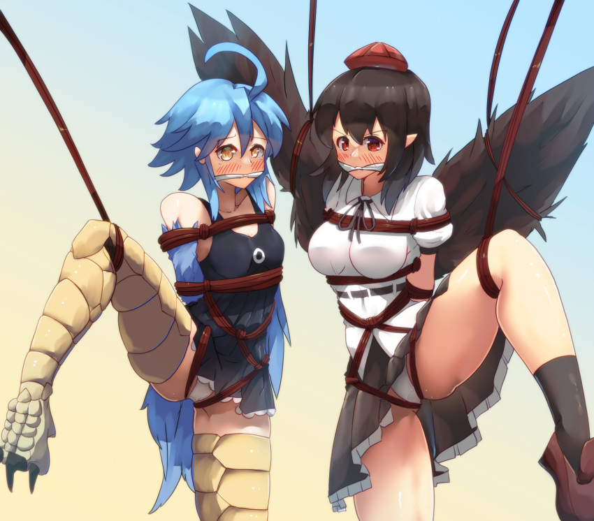 bakasplilzy bondage dress monster_girl monster_musume_no_iru_nichijou pantsu papi pointy_ears shameimaru_aya skirt_lift touhou wings