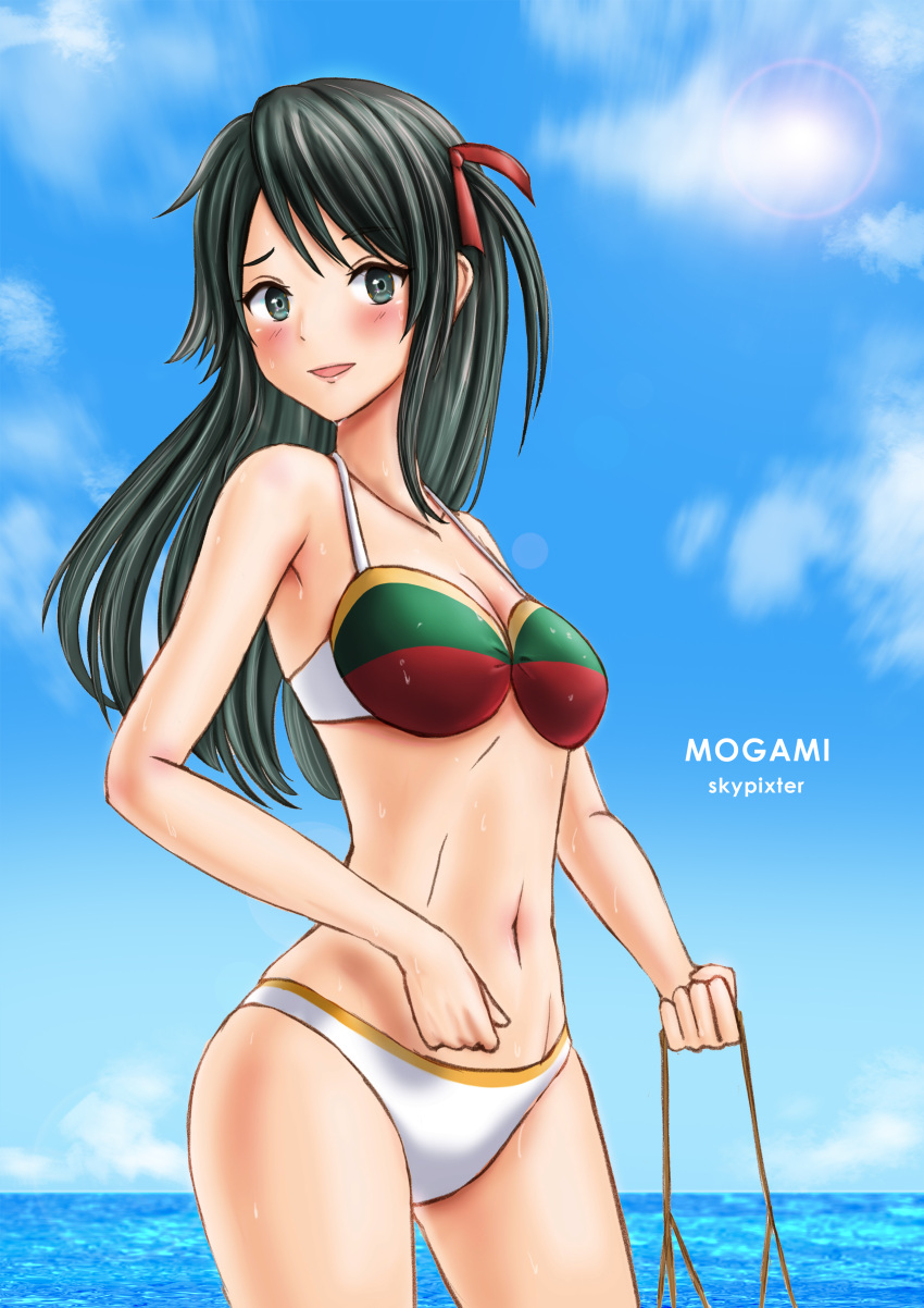 1girl absurdres alternate_hair_length alternate_hairstyle bikini black_hair blue_sky breasts character_name cleavage cloud commentary_request contrapposto day green_eyes hair_ribbon highres horizon kantai_collection long_hair looking_at_viewer mismatched_bikini mogami_(kancolle) outdoors ribbon sky skypixter small_breasts solo standing swimsuit