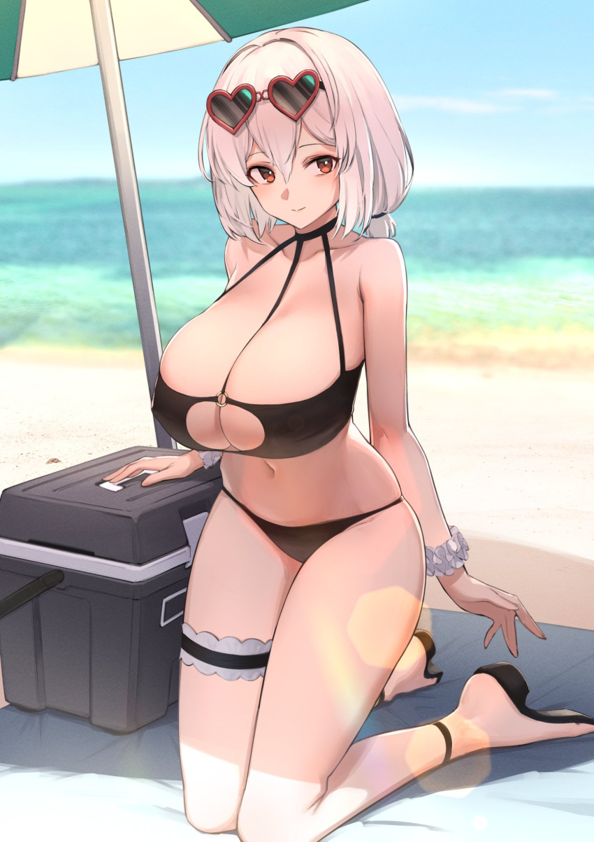 1girl azur_lane bangs bare_shoulders beach bikini black_bikini blush breasts cleavage collarbone cooler eyewear_on_head heart heart-shaped_eyewear highres itaco kneeling large_breasts low_twintails navel official_alternate_costume red_eyes short_hair sirius_(azur_lane) sirius_(midsummer_seirios)_(azur_lane) smile solo sunglasses swimsuit thigh_strap thighs twintails white_hair