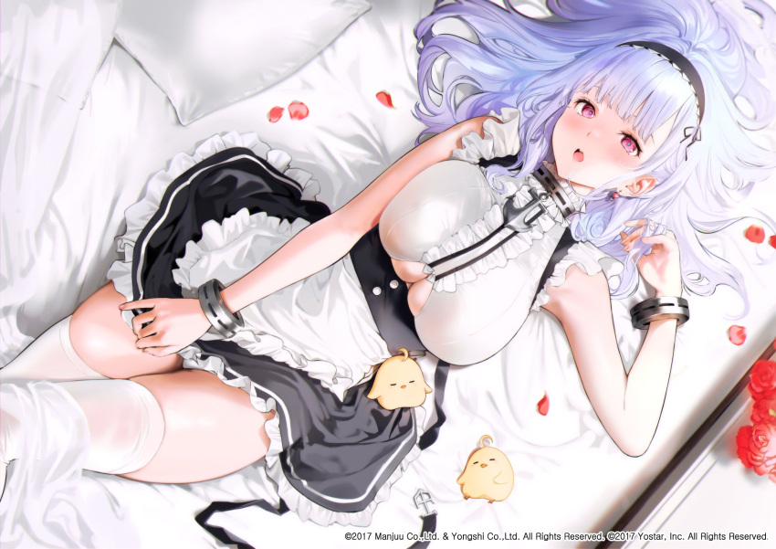 1girl :o apron arm_up armpits azur_lane bare_arms bare_shoulders black_skirt blanket breasts clothing_cutout dido_(azur_lane) earrings frilled_shirt frills hair_spread_out hairband highres jewelry large_breasts long_hair looking_at_viewer lying maid maid_apron manjuu_(azur_lane) mery_(yangmalgage) on_back on_bed open_mouth panties panty_peek petals pillow pink_eyes shirt skindentation skirt sleeveless sleeveless_shirt solo thighhighs thighs underboob underboob_cutout underbust underwear watermark white_hair white_legwear white_panties white_shirt