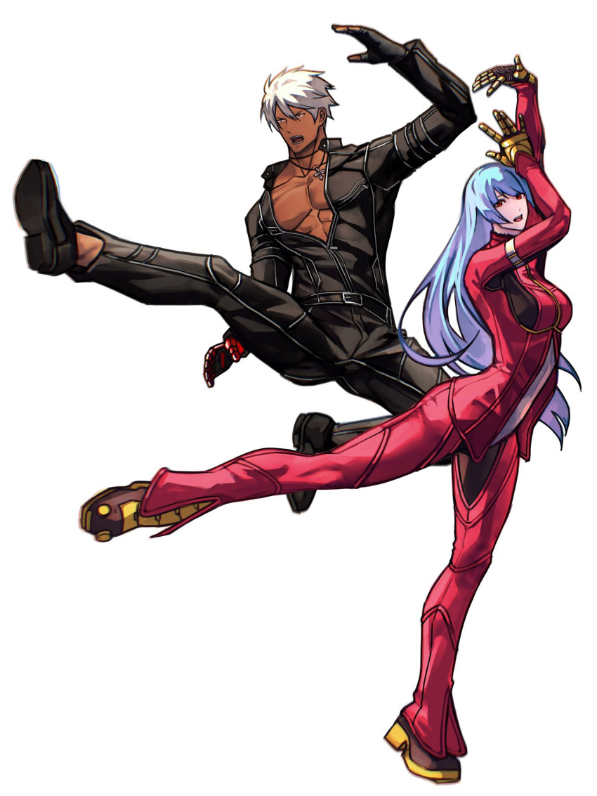 1boy 1girl blue_hair bodysuit breasts cross cross_necklace full_body gloves highres jacket jewelry k'_(kof) kicking kula_diamond leather leather_jacket long_hair necklace purple_eyes short_hair simple_background small_breasts syachiiro tan the_king_of_fighters white_background white_hair