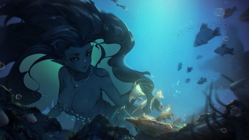 1girl bare_shoulders breasts cleavage dress fins fish floating_hair head_fins highres jewelry jiliang_jiying_yumao large_breasts long_hair looking_to_the_side mermaid monster_girl necklace ocean_bottom original parted_lips pearl_necklace pointy_ears school_of_fish ship shipwreck solo strapless strapless_dress tube_dress underwater very_long_hair water watercraft