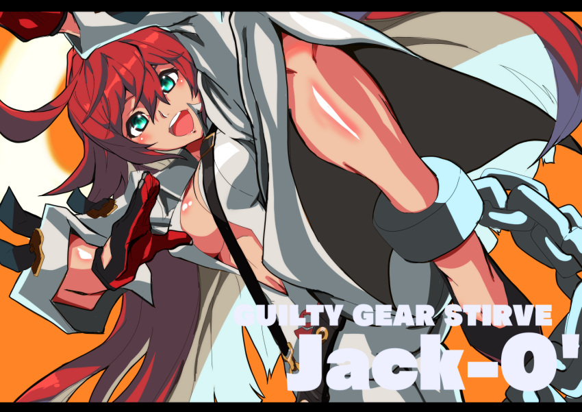 1girl ball_and_chain_restraint bodysuit breasts chain cleavage green_eyes guilty_gear guilty_gear_strive jack-o'_valentine long_hair looking_at_viewer red_hair solo_focus white_bodysuit xof_x_ningen_pachin_tora