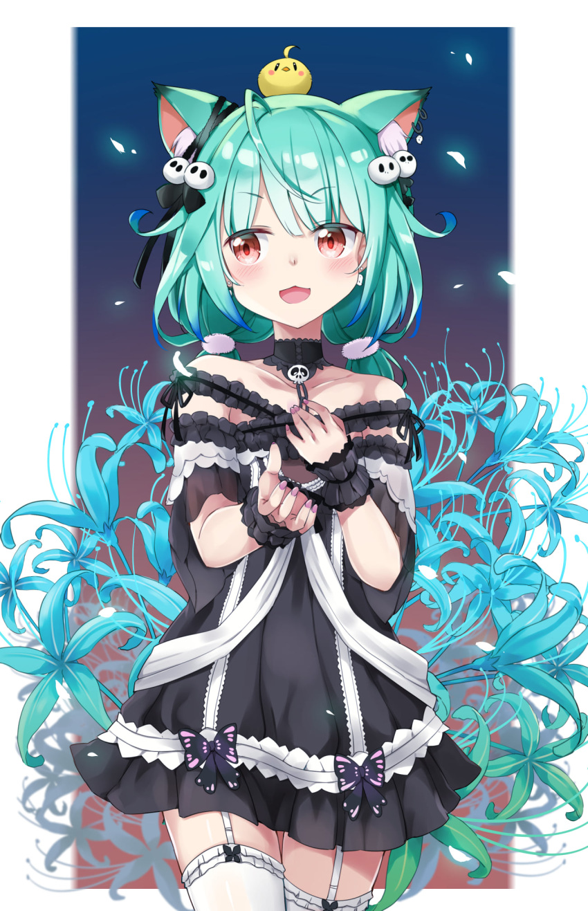 1girl :3 :d ahoge animal_ears animal_on_head aokihoshi bare_shoulders bird bird_on_head black_choker black_dress blue_hair brooch cat_ears chick choker collarbone colored_tips cowboy_shot dress ear_piercing ear_ribbon earrings extra_ears fingernails flower frilled_dress frilled_legwear frilled_straps frills garter_straps ghost_earrings green_hair hair_ornament hair_ribbon highres hololive ichigeki-kun jewelry low_twintails medium_hair off-shoulder_dress off_shoulder on_head open_mouth piercing piyoko_(uruha_rushia) pom_pom_(clothes) pom_pom_hair_ornament red_eyes ribbon see-through_sleeves short_dress short_sleeves short_twintails sideways_glance skull_hair_ornament smile smirk solo spider_lily thighhighs twintails uruha_rushia v-shaped_eyebrows virtual_youtuber white_garter_straps white_legwear wristband