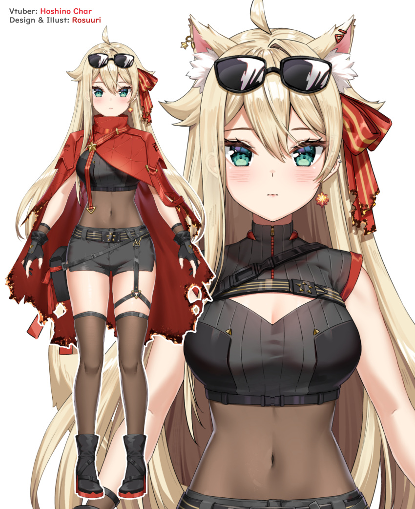 1girl animal_ear_fluff animal_ears artist_name bands black_footwear black_gloves black_shorts blonde_hair blush bodystocking boots breasts cat_ears character_name cleavage_cutout cloak clothing_cutout covered_navel earrings eyewear_on_head gloves highres hoshino_char jewelry kemonomimi_mode medium_breasts official_art partially_fingerless_gloves red_cloak rosuuri short_shorts shorts sunglasses thigh_strap thighhighs tsunderia virtual_youtuber