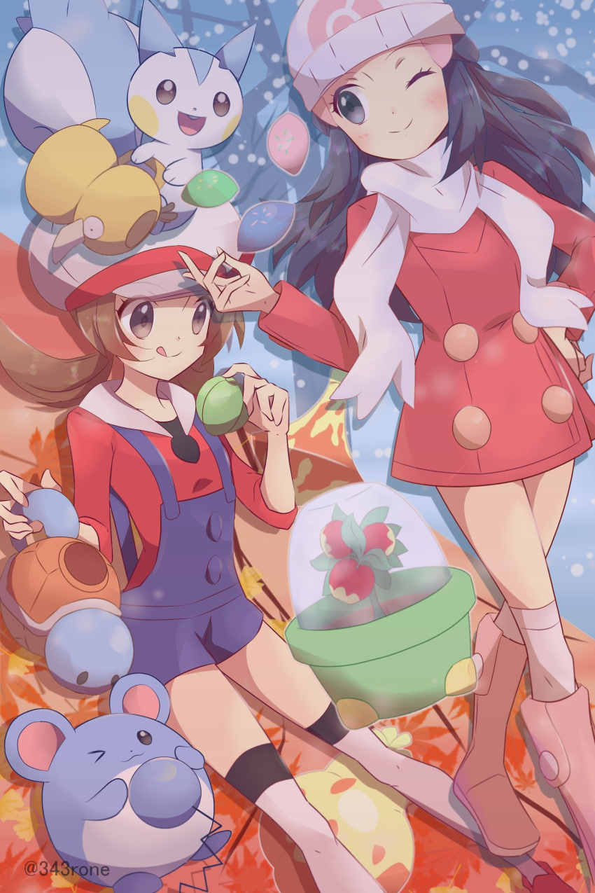 2girls 343rone :q absurdres beanie black_hair blue_overalls blush boots brown_eyes brown_hair cabbie_hat closed_mouth coat commentary_request dawn_(pokemon) eyelashes hair_ornament hairclip hand_on_hip hand_up hat highres holding long_hair long_sleeves lyra_(pokemon) marill multiple_girls one_eye_closed over-kneehighs pachirisu pink_footwear pokemon pokemon_(creature) pokemon_(game) pokemon_dppt pokemon_hgss pokemon_platinum psyduck red_coat red_footwear red_shirt scarf shirt shoes smile squirtle themed_object thighhighs tongue tongue_out twintails watering_can white_headwear white_legwear white_scarf