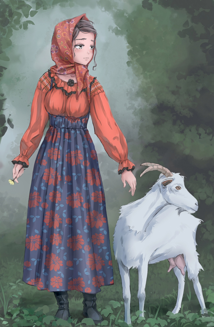 1girl 1other absurdres animal blue_dress boots brown_eyes brown_hair dress floral_print flower forest frilled_dress frills goat goat_horns grass head_scarf highres holding holding_flower hooves horns iskanderednaksi long_sleeves mole mole_under_eye multicolored multicolored_clothes multicolored_dress nature orange_dress original outdoors puffy_long_sleeves puffy_sleeves red_headwear slavic_clothing solo_focus traditional_clothes traditional_dress white_fur