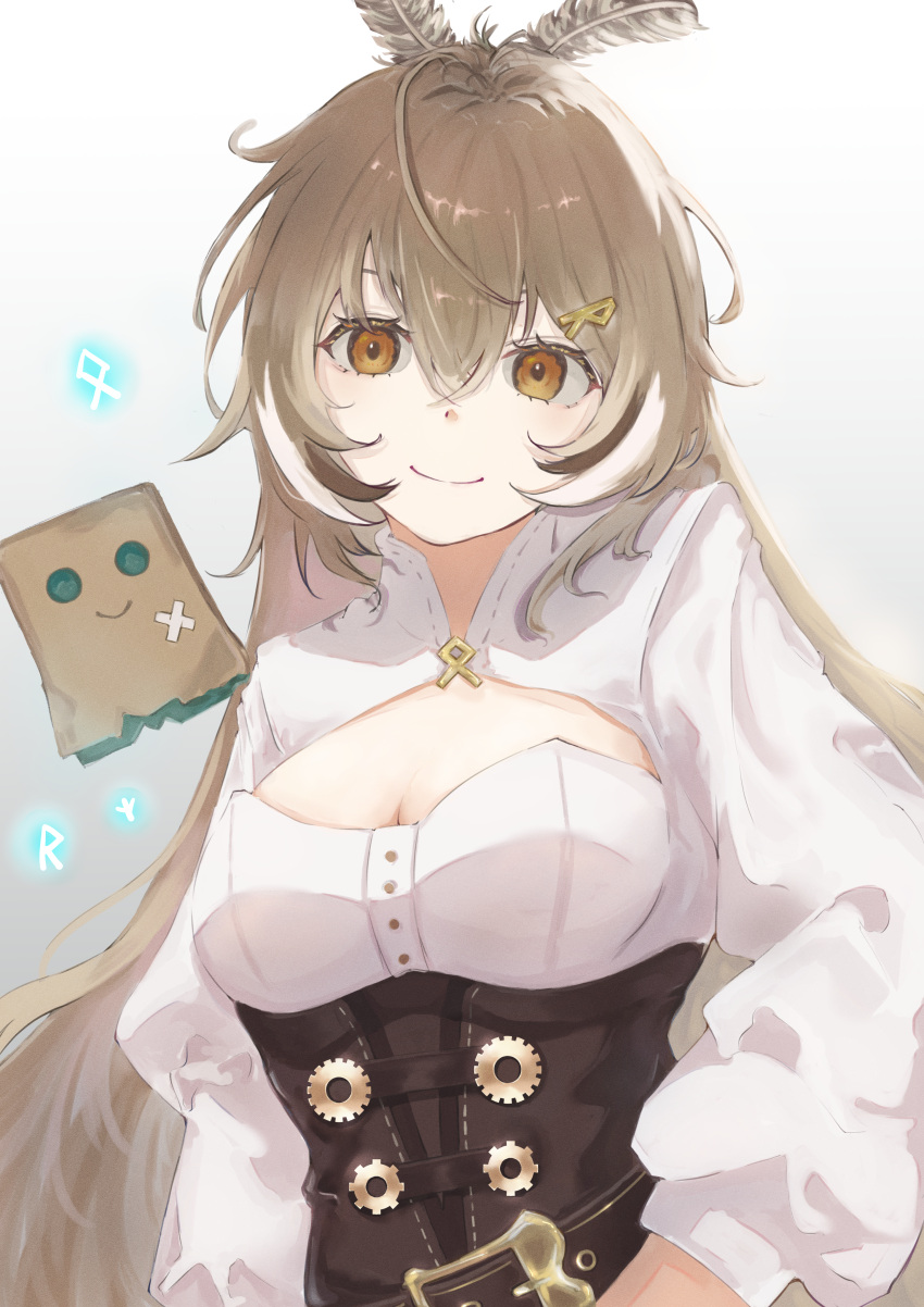 1girl absurdres bag bangs belt belt_buckle brown_eyes brown_hair brown_skirt buckle cleavage_cutout clothing_cutout corset crossed_bandaids feather_hair_ornament feathers friend_(nanashi_mumei) hair_ornament high_ponytail highres hololive hololive_english huge_filesize long_hair long_sleeves looking_at_viewer nanashi_mumei paper_bag puffy_long_sleeves puffy_sleeves runaday shirt skirt smile solo very_long_hair virtual_youtuber white_shirt