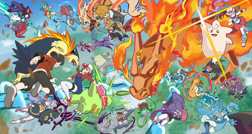 agatha_(pokemon) arcanine battle beam blastoise blue_oak bruno_(pokemon) cape charizard clair_(pokemon) clefairy dragonite espeon ethan_(pokemon) everyone_fighting feraligatr fire gastly gigantamax gigantamax_charizard hat haunter highres horns karen_(pokemon) koga_(pokemon) kris_(pokemon) lance_(pokemon) leaf_(pokemon) lens_flare lorelei_(pokemon) lyra_(pokemon) meganium midair morty_(pokemon) pikachu pokemon pokemon_(creature) pokemon_(game) pokemon_frlg pokemon_gsc pokemon_hgss red_(pokemon) riding ryuusei_(trickster) scarf seadra silver_(pokemon) steelix typhlosion umbreon venusaur weavile will_(pokemon)