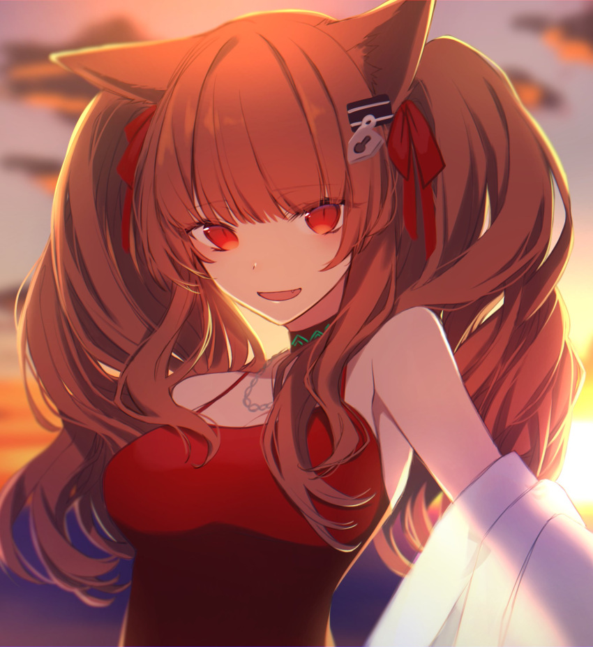 1girl alternate_costume angelina_(arknights) angelina_(summer_flowers)_(arknights) animal_ears arknights armpits bangs bare_shoulders blunt_bangs blurry blurry_background breasts brown_hair eyebrows_visible_through_hair fang fang_out fox_ears fox_girl hair_ribbon highres hk_nnm infection_monitor_(arknights) jewelry long_hair looking_at_viewer official_alternate_costume open_mouth red_eyes red_ribbon ribbon solo sunset twintails upper_body