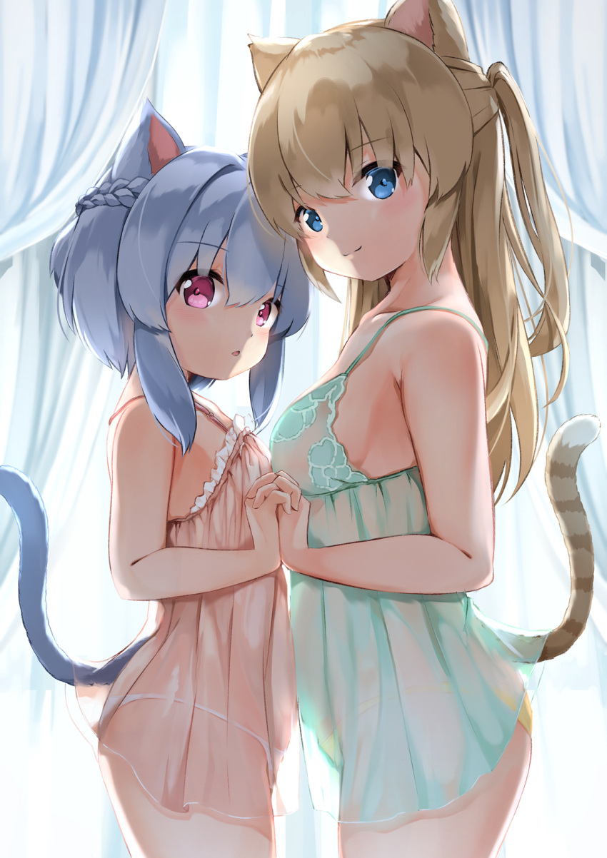 2girls animal_ears ass bangs bare_arms bare_shoulders blue_eyes blue_hair blush braid breasts brown_hair cat_ears cat_girl cat_tail closed_mouth commentary_request curtains eyebrows_visible_through_hair hair_between_eyes highres holding_hands interlocked_fingers lingerie looking_at_viewer medium_breasts multiple_girls negligee one_side_up original panties parted_lips purple_eyes see-through smile sora_(silent_square) tail tail_raised underwear underwear_only white_panties yellow_panties