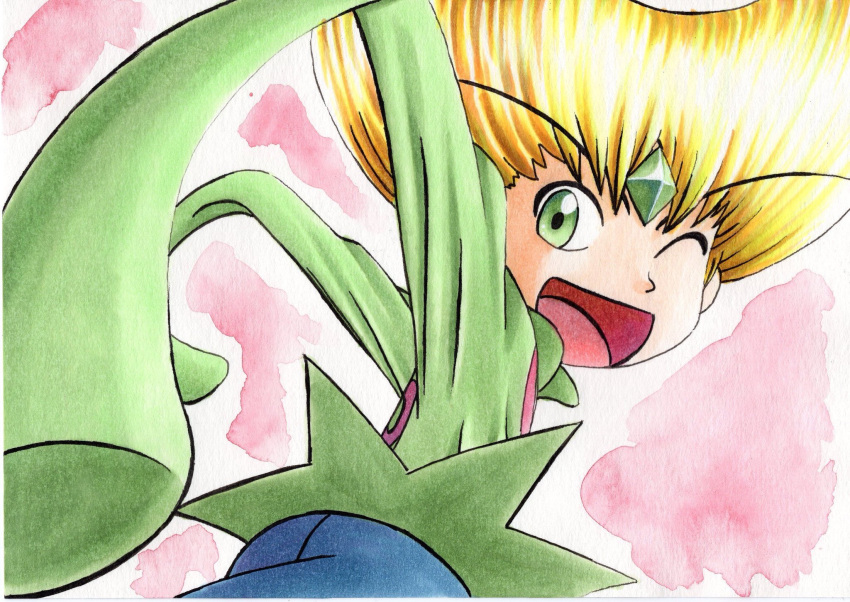 1boy ;d bangs big_hair blonde_hair blue_pants commentary_request diamond_(shape) emerald_(gemstone) emerald_(pokemon) eyebrows_visible_through_hair green_eyes green_shirt highres long_sleeves looking_back male_focus oka_mochi one_eye_closed open_mouth pants pink_background pokemon pokemon_adventures shirt sleeves_past_fingers sleeves_past_wrists smile solo tongue traditional_media