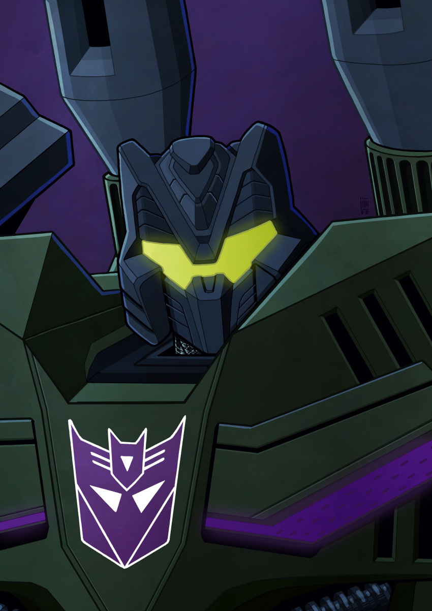 absurdres brawl_(transformers) character_request decepticon glowing highres insignia jim_stafford looking_at_viewer mecha no_humans portrait purple_background solo transformers transformers:_fall_of_cybertron visor