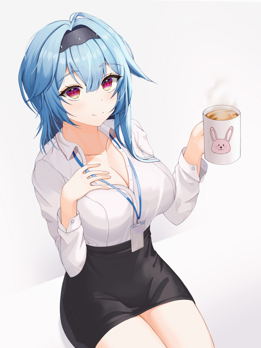 1girl alternate_costume animal_print bangs black_skirt blue_hair breasts bunny_print cleavage coffee coffee_mug collarbone commentary_request contemporary cup eula_(genshin_impact) eyebrows_visible_through_hair genshin_impact hair_between_eyes hairband hand_on_own_chest highres holding holding_cup id_card long_hair long_sleeves looking_at_viewer mug nersiyan office_lady oral pencil_skirt shirt sidelocks simple_background sitting skirt smile solo steam white_background white_shirt