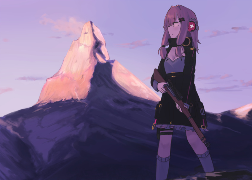 1girl bangs blue_sky breasts character_request cleavage closed_mouth cross-laced_clothes dress eyebrows_visible_through_hair girls'_frontline gun hair_ornament hairclip headphones hinami047 holding holding_weapon k31_(girls'_frontline) long_hair looking_away mountain mountainous_horizon pink_hair purple_eyes rifle sidelocks sky small_breasts socks solo standing weapon white_legwear