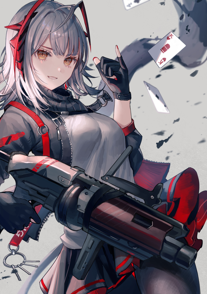 1girl \m/ absurdres ace_of_spades arknights black_jacket black_legwear black_scarf black_skirt breasts commentary_request cowboy_shot demon_horns fingerless_gloves four_of_clubs gloves grenade_launcher grey_background grey_hair grey_shirt gun highres holding holding_gun holding_weapon horns jacket king_of_hearts_(card) looking_at_viewer medium_breasts nomuraumu open_clothes open_jacket pantyhose parted_lips red_nails scarf shirt short_hair skirt solo w_(arknights) weapon yellow_eyes