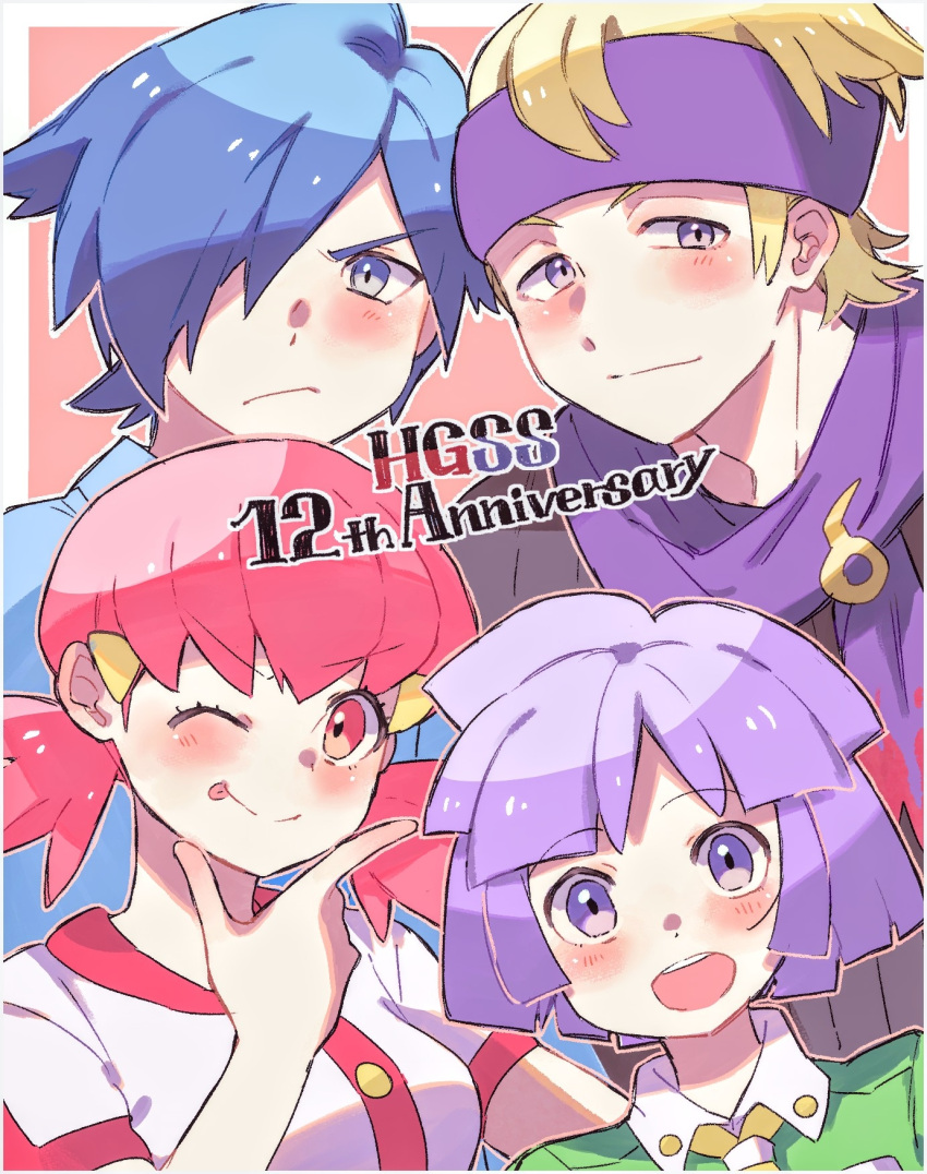 1girl 3boys ;p anniversary bangs blonde_hair blue_hair blush bugsy_(pokemon) buttons closed_mouth collared_shirt commentary_request eyebrows_visible_through_hair eyelashes falkner_(pokemon) frown green_shirt grey_eyes hair_ornament hair_over_one_eye hairclip hand_up highres jacket long_hair matcha_(user_psry7388) morty_(pokemon) multiple_boys one_eye_closed open_mouth pink_eyes pink_hair pokemon pokemon_(game) pokemon_hgss purple_eyes purple_hair purple_headband purple_scarf scarf shirt short_hair short_sleeves smile tongue tongue_out twintails upper_teeth white_jacket whitney_(pokemon)
