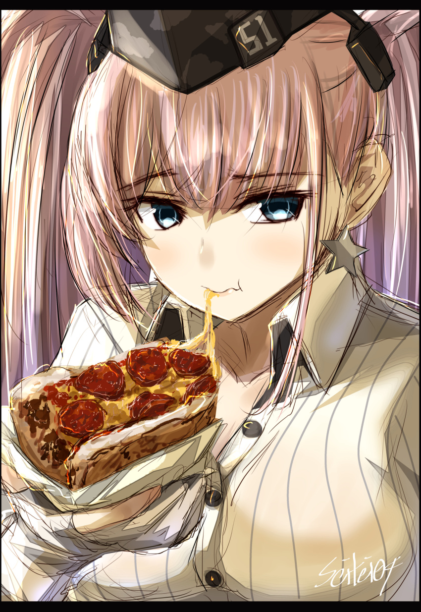 1girl atlanta_(kancolle) black_headwear blue_eyes brown_hair cheese dress_shirt earrings eating food garrison_cap gloves hat highres holding jewelry kantai_collection long_hair long_sleeves pepperoni pizza seitei_(04seitei) shirt solo star_(symbol) star_earrings tomato_sauce twitter_username two_side_up white_gloves white_shirt