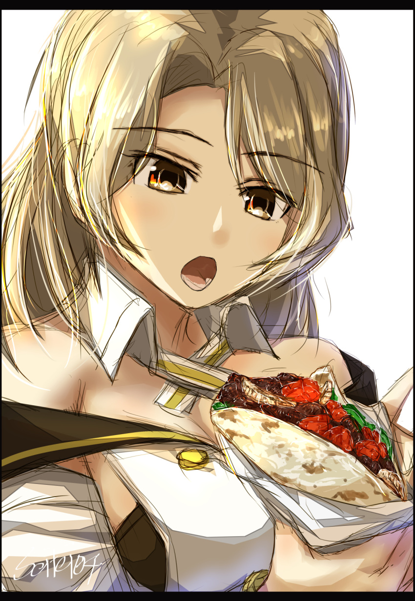 1girl brown_eyes chicken_(food) corset detached_sleeves eating eyebrows_visible_through_hair fajita food highres holding houston_(kancolle) kantai_collection light_brown_hair long_hair military military_uniform naval_uniform onion open_mouth pepper seitei_(04seitei) simple_background solo tortilla twitter_username uniform white_background