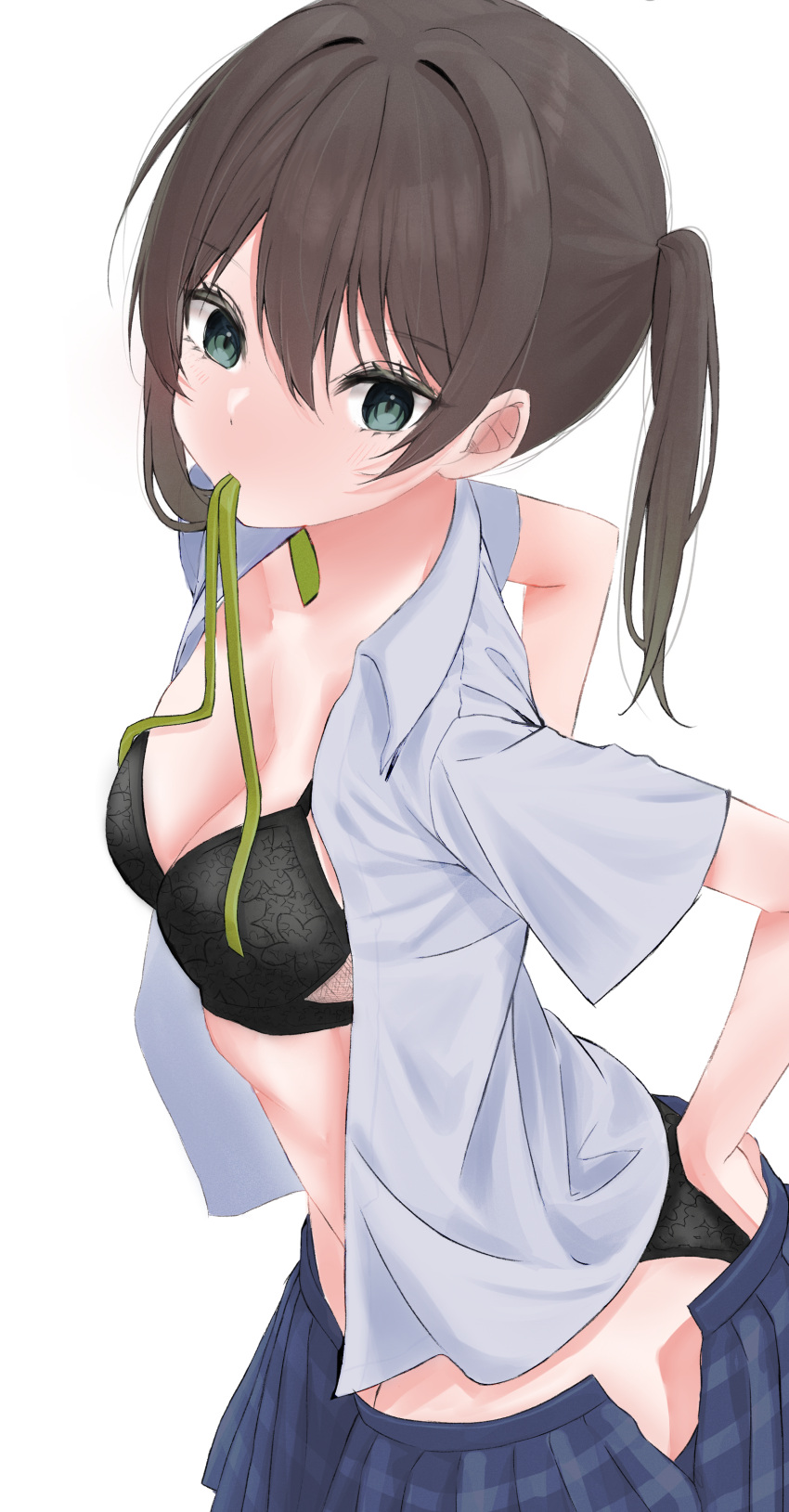 1girl absurdres alternate_breast_size black_bra black_panties blue_skirt bra breasts brown_hair cleavage commentary dressing eyelashes green_eyes green_ribbon highres hololive looking_to_the_side medium_breasts mouth_hold natsuiro_matsuri open_clothes open_shirt panties plaid plaid_skirt quandoo ribbon ribbon_in_mouth side_ponytail simple_background skirt solo underwear virtual_youtuber white_background