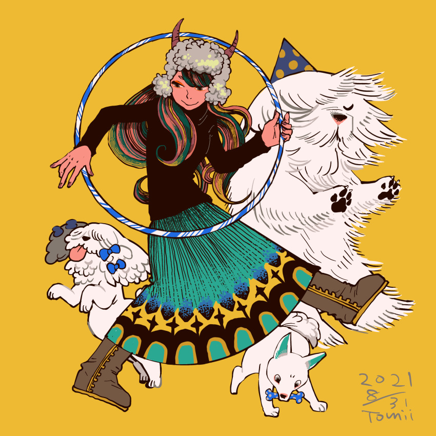 1girl bangs black_shirt blue_bow boots bow brown_footwear dated dog full_body highres hoop horns hula_hoop long_hair long_sleeves multicolored_hair original print_skirt procreate_(medium) shirt signature simple_background skirt smile solo tomidoron white_dog yellow_background