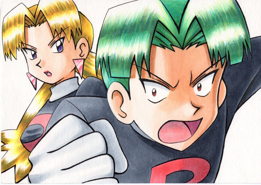 1boy 1girl bangs black_jacket blonde_hair brown_eyes butch_(pokemon) cassidy_(pokemon) commentary_request earrings gloves green_hair highres jacket jewelry logo long_hair oka_mochi open_mouth parted_bangs pokemon pokemon_(anime) pokemon_(classic_anime) purple_eyes shiny shiny_hair short_hair team_rocket team_rocket_uniform tongue traditional_media twintails white_background white_gloves