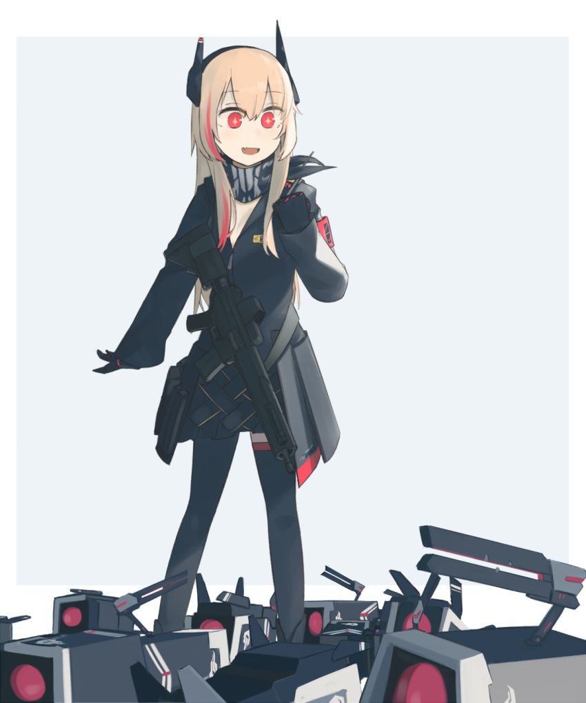 1girl asymmetrical_legwear black_gloves black_jacket black_legwear black_scarf black_skirt blonde_hair breasts dinergate_(girls'_frontline) eyebrows_visible_through_hair girls'_frontline gloves headphones highres hinami047 holding holding_weapon jacket long_hair looking_away looking_down m4_sopmod_ii m4_sopmod_ii_(girls'_frontline) multicolored_hair open_mouth red_eyes scarf simple_background skirt smile solo standing star-shaped_pupils star_(symbol) symbol-shaped_pupils weapon