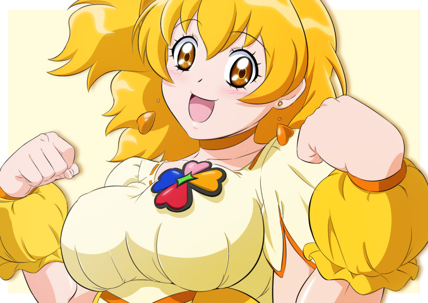 1girl blonde_hair border breasts choker cure_pine earrings eyebrows_visible_through_hair fresh_precure! fuchi_(nightmare) heart heart_earrings jewelry large_breasts looking_at_viewer medium_hair open_mouth orange_choker outside_border precure side_ponytail smile solo upper_body white_border yamabuki_inori yellow_background yellow_eyes