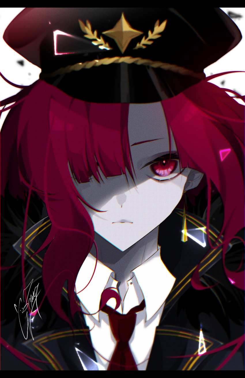 1girl bangs black_jacket blunt_bangs collared_shirt earrings expressionless gold_trim goma_irasuto hair_over_one_eye hat highres jacket jewelry looking_at_viewer military military_hat military_uniform necktie one_eye_covered original portrait red_eyes red_hair red_neckwear red_theme shirt signature solo uniform white_shirt