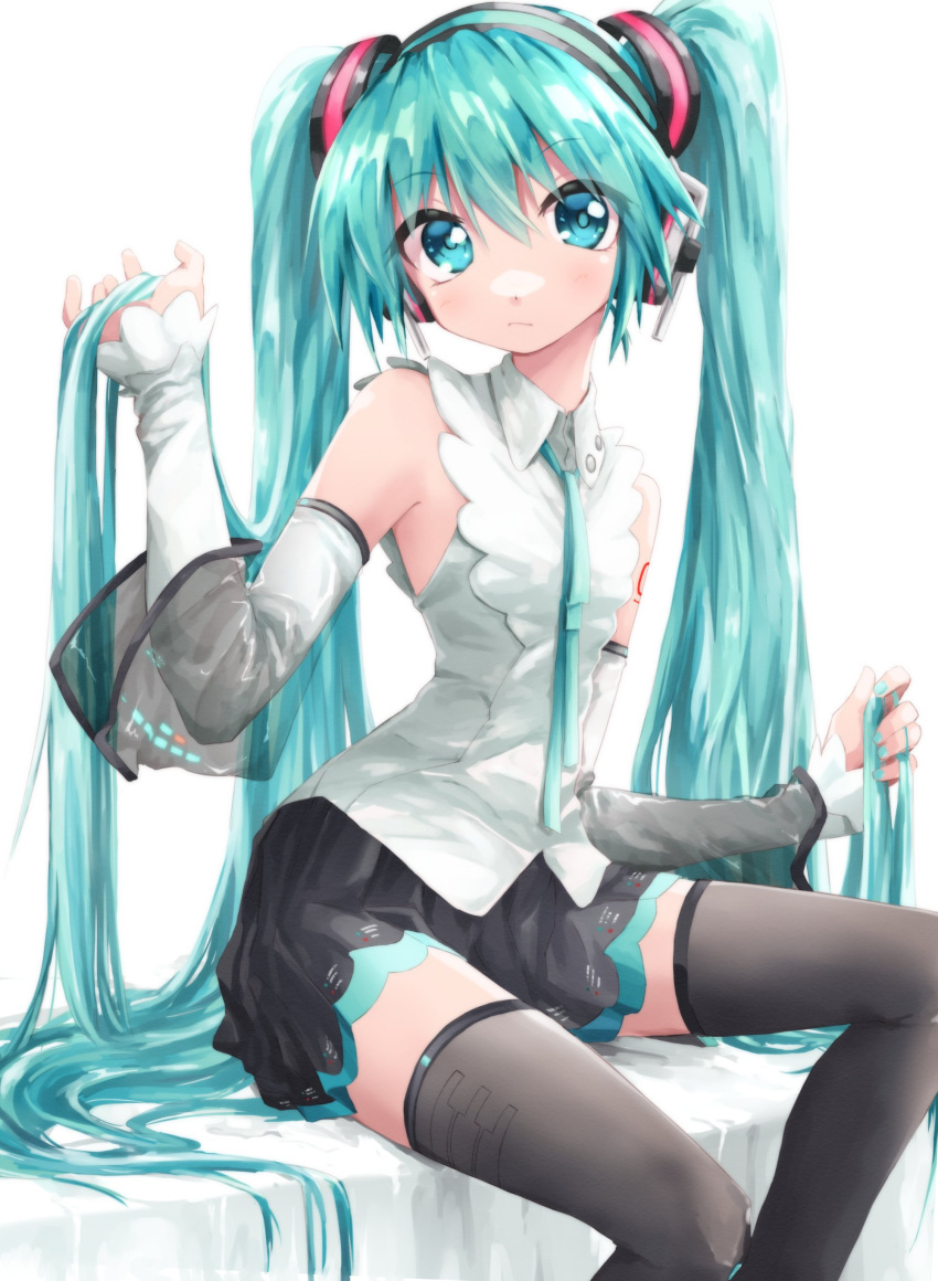 1girl absurdres aqua_eyes aqua_hair aqua_neckwear bangs black_skirt blouse closed_mouth collared_blouse commentary detached_sleeves eyebrows_visible_through_hair grey_legwear hair_ornament hands_in_hair hatsune_miku hatsune_miku_(nt) headphones highres light_frown long_hair looking_at_viewer miniskirt necktie piapro pleated_skirt shirt sitting skirt sleeveless sleeveless_blouse solo thighhighs twintails very_long_hair vocaloid white_background white_blouse white_sleeves wing_collar yachima_tana